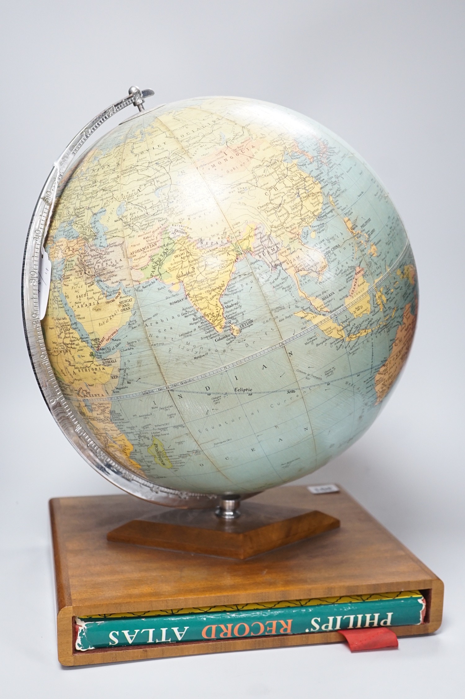 A Philips Challenge Globe, on stand, 46cm high, with atlas